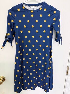 Nuggles Girls navy blue w/gold polkadots modest Midi Dress Sz 8 EUC half sleeve